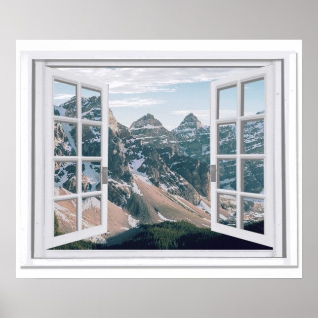 Poster Mountain Peaks Afficher une fausse fenêtre (Devant)
