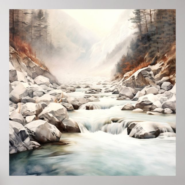 Poster Mountain River Alaska Watercolor Peinture (Devant)