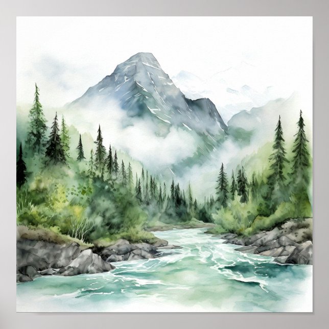 Poster Mountain River Alaska Watercolor Peinture (Devant)