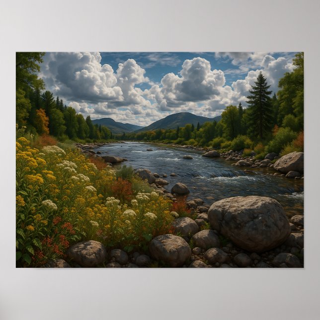 Poster Mountain River Wildflowers Landscape  (Devant)