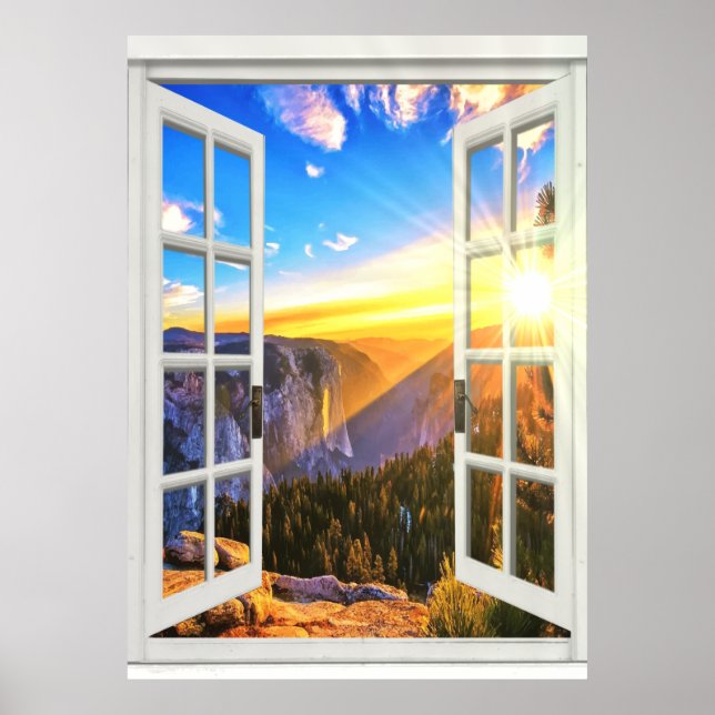 Poster Mountain Sunrise Vue Trompe l'oeil Faux Window (Devant)
