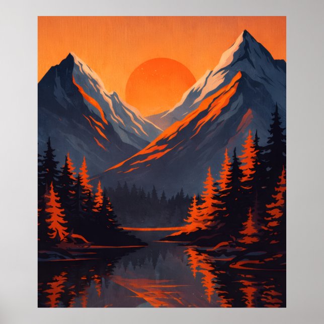 Poster Mountain Sunset Reflection Fiery Orange Sky  (Devant)