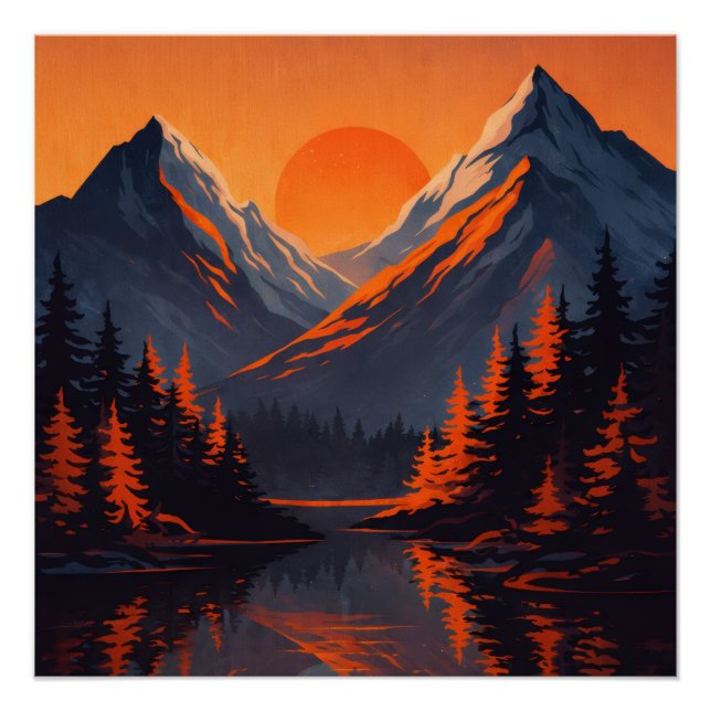 Poster Mountain Sunset Reflection Fiery Orange Sky  (Devant)