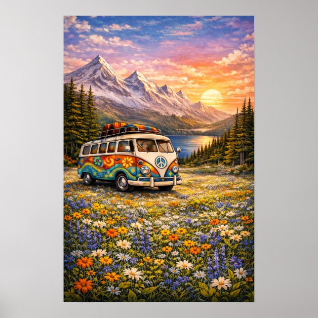 Poster Mountain Sunset Wildflowers Retro Hippie Van Art (Devant)