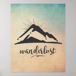 Poster Mountain with Sunrays - Wanderlust Typography