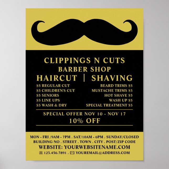 Poster Moustache noire, Barbiers hommes publicité (Devant)