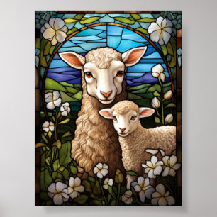 Poster Mouton et agneau en vitrail pastoral dans une prai