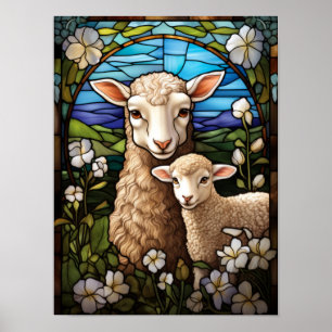 Poster Mouton et agneau en vitrail pastoral dans une prai