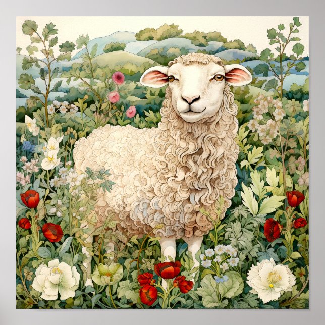 Poster Moutons dans la peinture des prés (Devant)