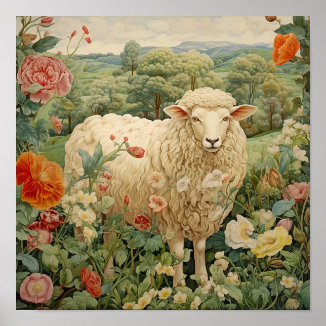 Poster Moutons dans la peinture des prés (Devant)