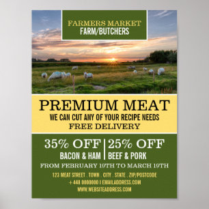 Poster Moutons en campagne, fermiers et boucher Publicité