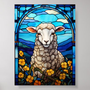 Poster Moutons en Verre Coloré dans une Prairie Printaniè