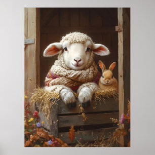 Poster Moutons et lapin douillets en Grange avec Fleurs