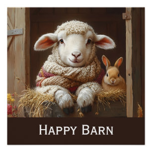 Poster Moutons et lapin douillets en Grange avec Fleurs