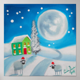 Poster moutons folle peinture pleine lune hiver