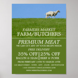 Poster Moutons sur l'herbe, l'agriculteur et le boucher P