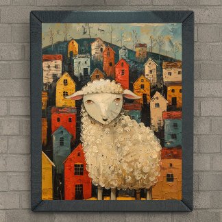 Poster Moutons Whimsical Dans La Ville Peinture À L'Huile