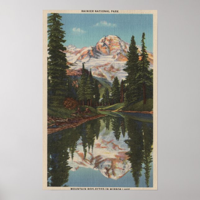 Poster Mt. Rainier, WA - Lac Mirror avec Mt. Reflectio (Devant)