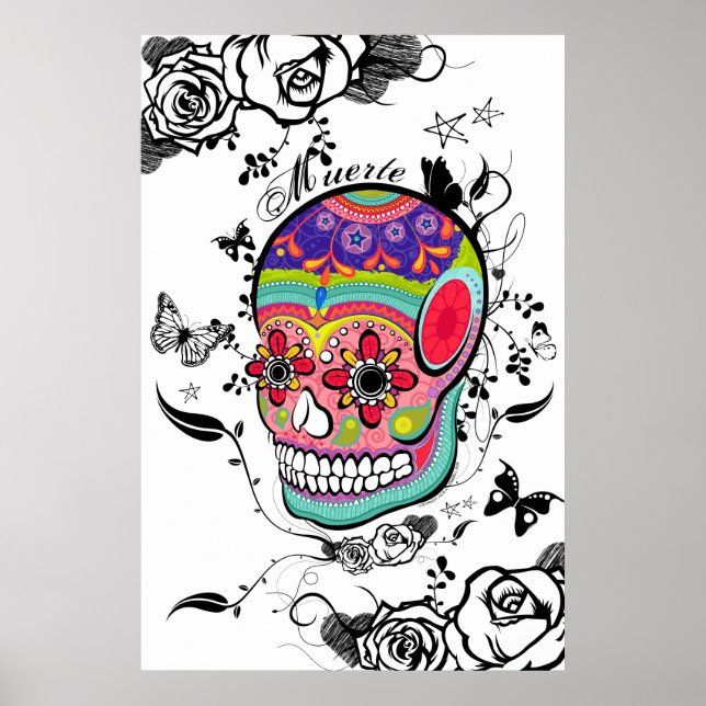 Poster Muerte Crâne de sucre artistique, Roses & Flouritu (Devant)