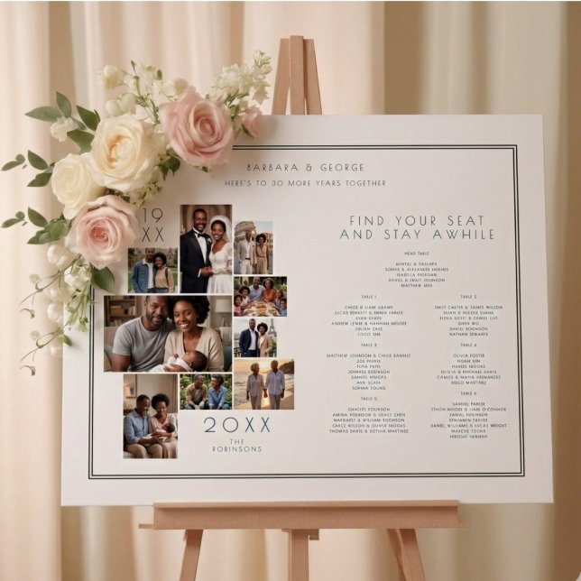 Poster Multi Photo Collage Anniversaire Plan de table TMF (Elegant Anniversary Seating Chart with a Multi Photo Collage Design and Stylish White Background.)