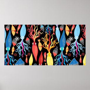 Poster Multicolored pattern of different squid and fish o