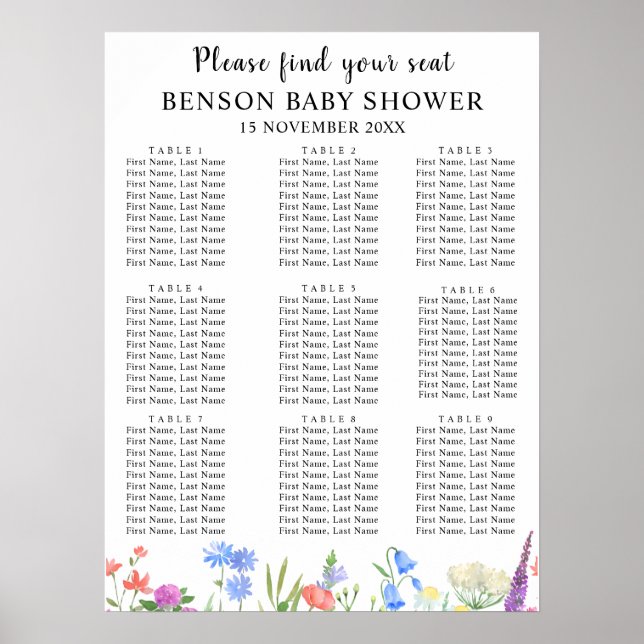 Poster Multihued Wildflower Baby Shower Seating Charts (Devant)