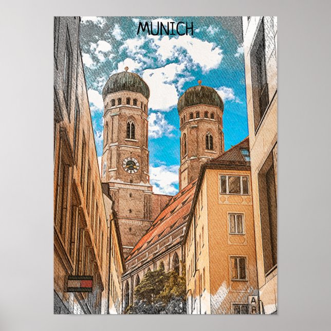 Poster Munich en Allemagne Frauenkirche coloré (Devant)