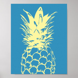 Poster Mur Art Ananas Jaune Design sur bleu