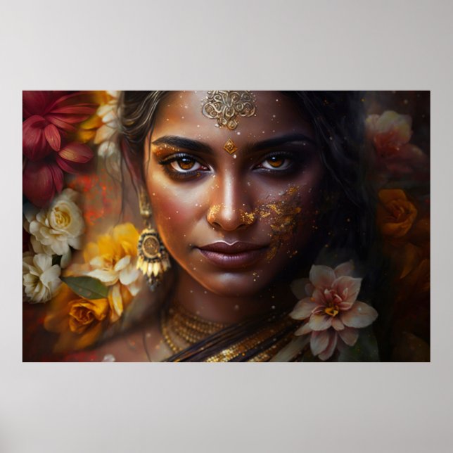 Poster Mur de fleurs de la mariée indienne scintillante (Devant)