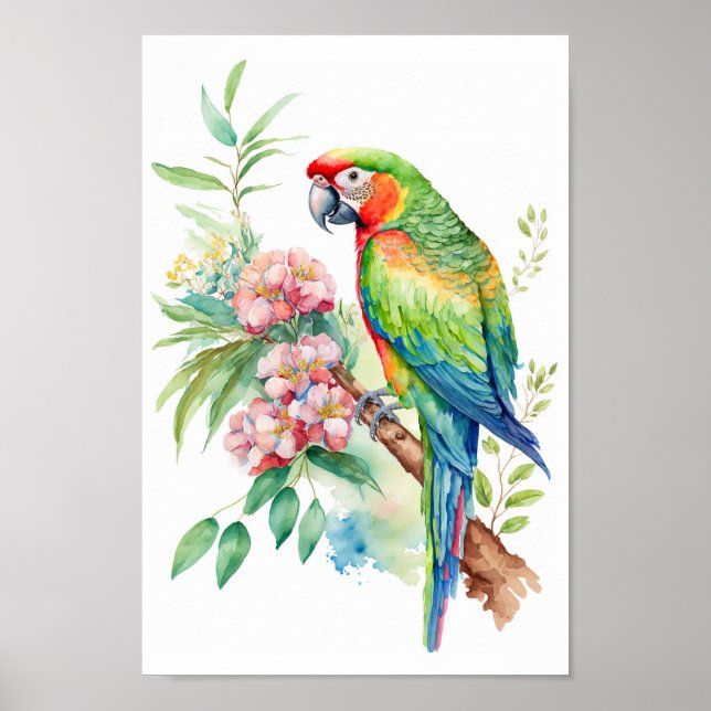 Poster Mur de Macaw Parrot avec imprimé de fleurs tropica (Devant)