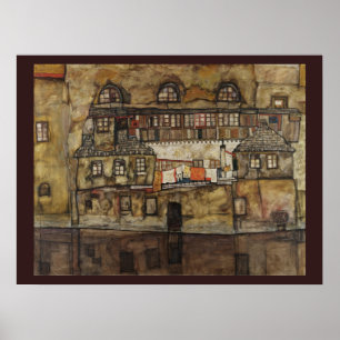Poster Mur de maison sur la rivière par Egon Schiele