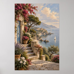 Poster Mur de Terrasse Côtière Fleurie et Village de Voil