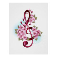 Musical treble clef notes with sakura flowers