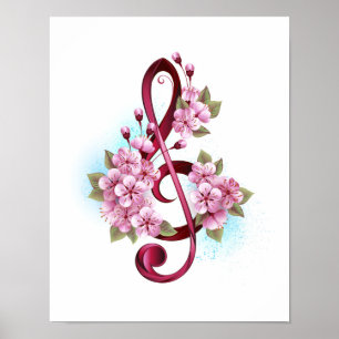 Poster Musical treble clef notes with sakura flowers