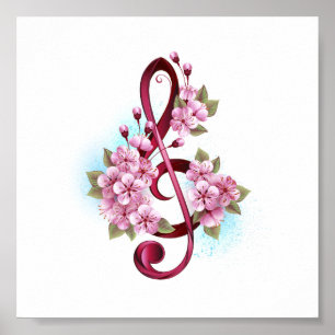 Poster Musical treble clef notes with sakura flowers