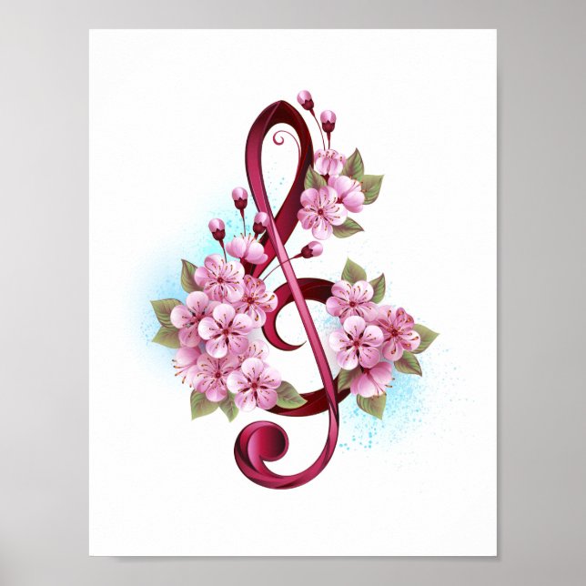 Poster Musical treble clef notes with sakura flowers (Devant)