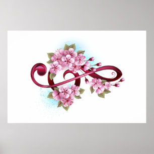 Poster Musical treble clef notes with sakura flowers