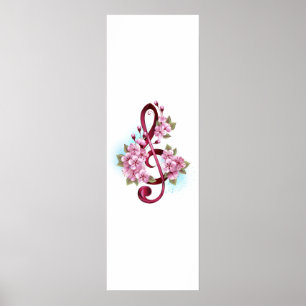 Poster Musical treble clef notes with sakura flowers