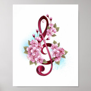 Poster Musical treble clef notes with sakura flowers
