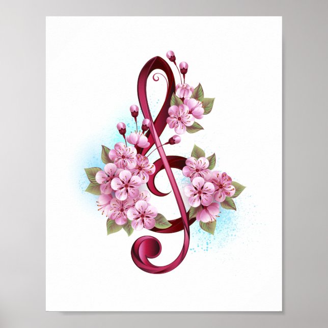 Poster Musical treble clef notes with sakura flowers (Devant)