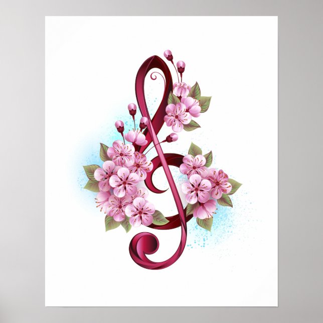 Poster Musical treble clef notes with sakura flowers (Devant)