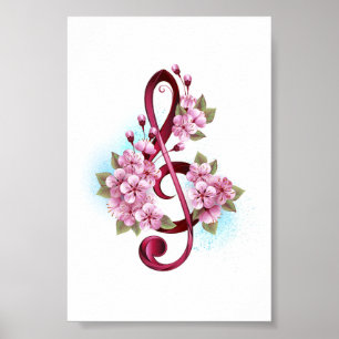 Poster Musical treble clef notes with sakura flowers