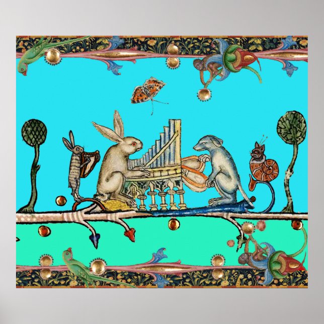 Poster MUSIQUE BESTIAIRE MÉDIÉVAL, Lapin, Chien, Bleu (Devant)