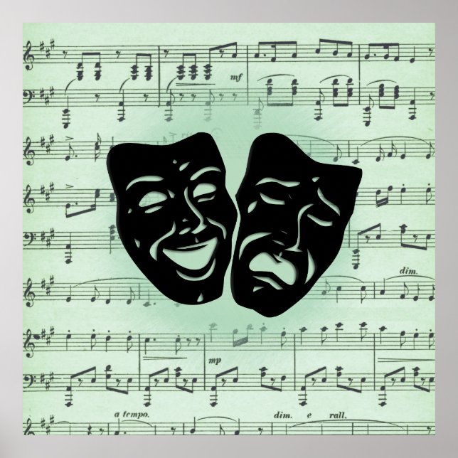 Poster Musique verte et masques grecs de théâtre (Devant)