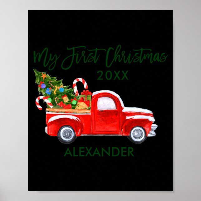 Poster My First Christmas Red Truck Candy Canes Gray Baby (Devant)