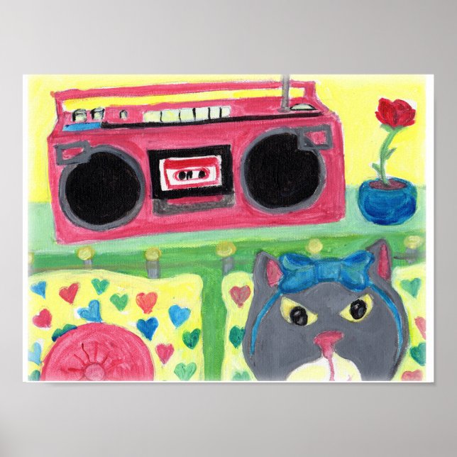 Poster My Room Boombox Girl Cat Folk Art mignon Ado (Devant)