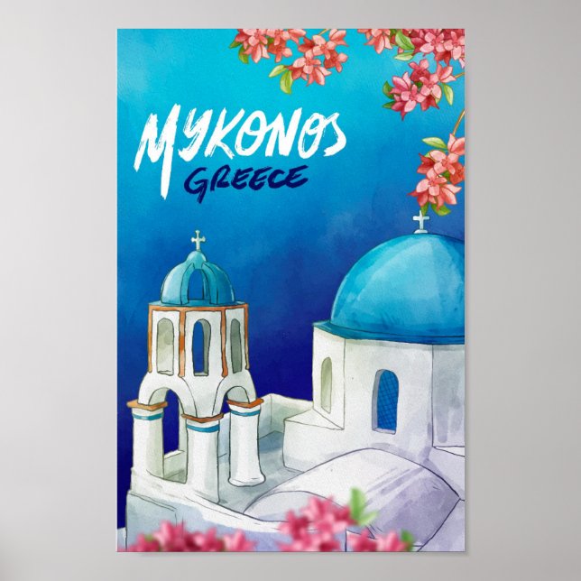 Poster Mykonos Grèce Art Aquarelle Illustration de voyage (Devant)