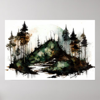 Poster Mystérieuse aquarelle de la forêt foncée