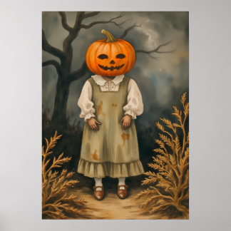 Poster Mysterious Girl with Citrouille Head - Éffrayant