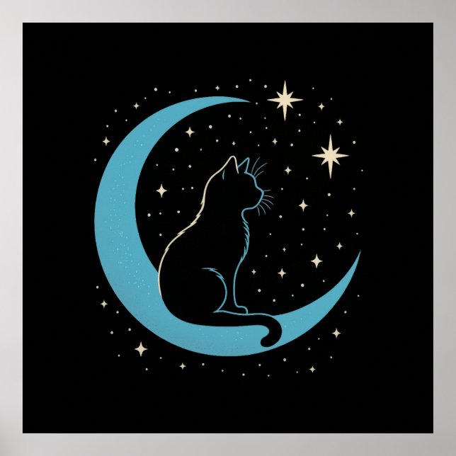 Poster Mystic Cat on Blue Moon Night Sky (Devant)